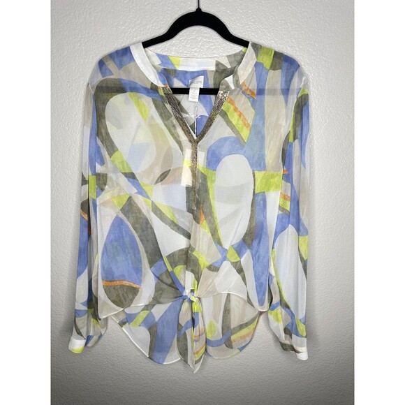 NEW Chico's Blouse Womens Large Multicolor Abstract Sheer Sequin Trim Tie Front - Picture 1 of 7